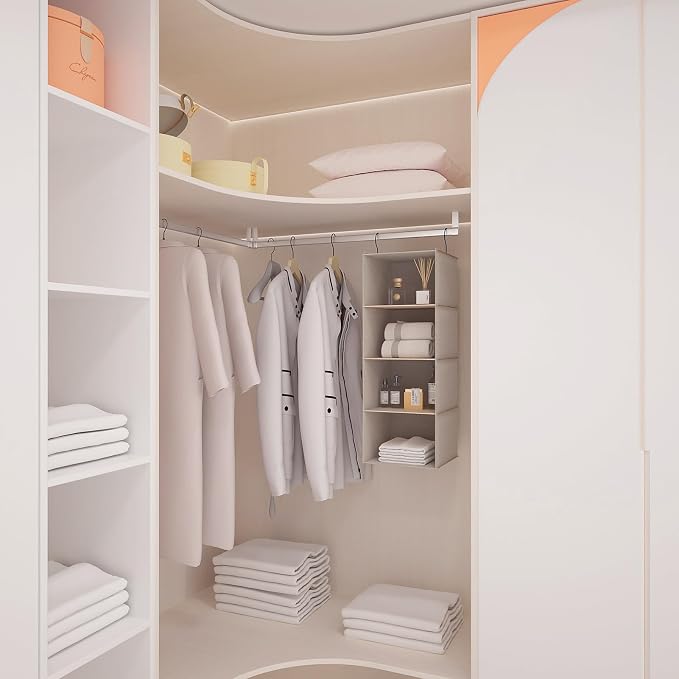Hanging Closet Organizer 4-Tier, Oxford Wardrobe Storage, Beige Houndstooth | Easy-mount foldable design holds clothes, handbags, shoes & accessories; washable Oxford fabric, sturdy and space-saving.