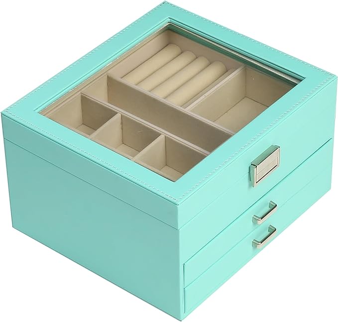 BOOVO Clear Lid Jewelry Box,3 Layers Jewelry Organizer Large Jewelry Storage Box with 2 Drawers,Jewelry Holder Organzier of Rings Earrings Necklace Bracelets for Women (Turquoise, 3 Layer)