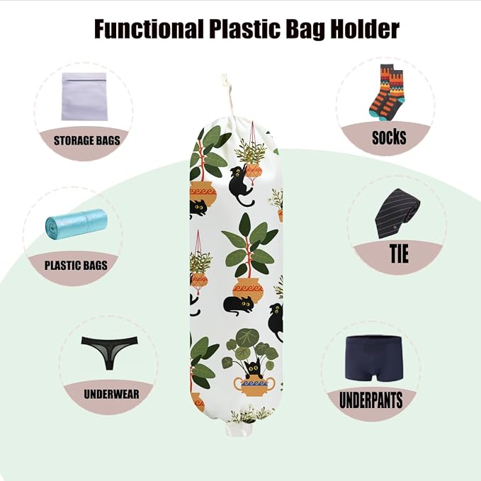 Cat Plastic Bag Holder 22.5x9 Inch, Greenery Wall Mount Plastic Bag Holders for Grocery Bags, Reusable Grocery Bags Storage Dispenser for Home Kitchen Pantry Decor, Plant Gifts for Women Cat Lovers