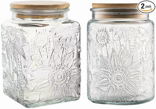 ANSQU Set of 2 Vintage Glass Storage Jars, Glass Food Storage Containers(25.3oz/23.7oz), Candy Jars with Lids for Kitchen Coffee, Tea, Cookie, Sugar, Bath Salts, Cute Jar