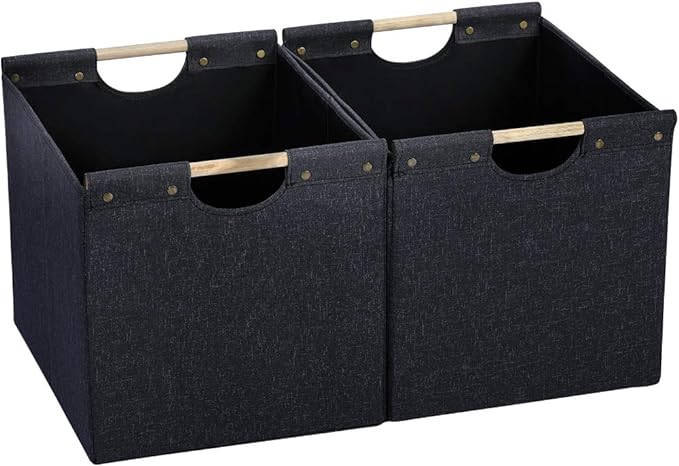 HOONEX Large Collapsible Storage Bins, Linen Fabric, 2 Pack, Storage Baskets with Wooden Carry Handles and Sturdy Heavy Cardboard, for Home, Office, Car, Nursery, Dark Grey