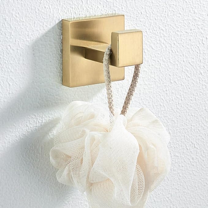 Nolimas Towel Hook Stainless Steel Bathroom Rustproof Clothes Towel Coat Hook Wall Mounted Square Toilet Kitchen, Heavy Duty Door Hanger, 2 Pack, Brushed Gold