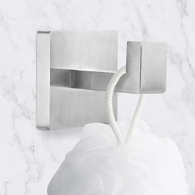 IBosins 4 Pack Towel Hooks Hand Towel Holder for Bathroom Wall Livingroom Bedroom Kitchen Closet Heavy Duty Stainless Steel Hook Hanger for Robe, Bath Towel, Coat (Square Brushed Silver)