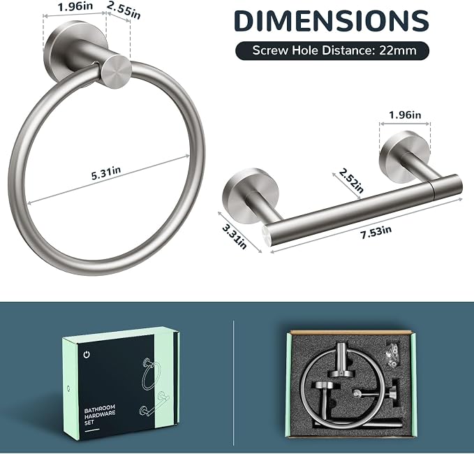 FORIOUS Toilet Paper Holder Wall Mount, SUS304 Stainless Steel Double Post Pivoting Tissue Roll Holder and Hand Towel Ring Set for Bathroom, RV, Bathroom Hardware Accessories Set, Brushed Nickel, 2