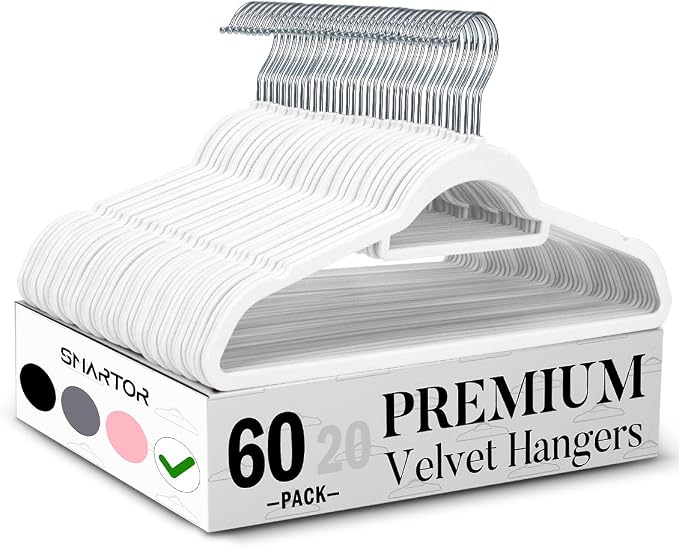 Smartor White Velvet Hangers 60 Pack, Space Saving Clothes Hangers with Tie Bar, Non-Slip Felt Hanger with Shoulder Notches, Heavy Duty Suit Hanger for Coat, Shirt, Pants, Dress | Non-slip Felt, Shoulder Notches and 360° Hooks Keep Suits, Dresses and P...