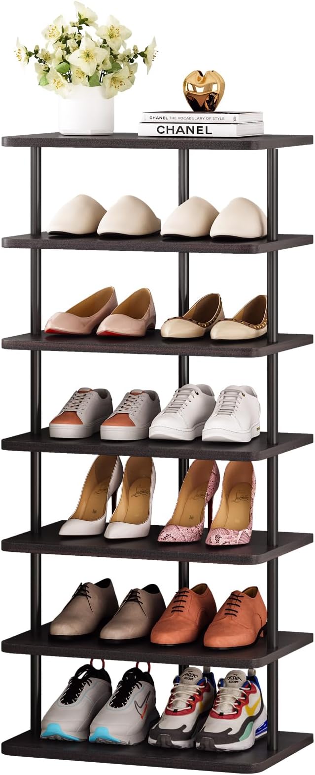 SORCEDAS 7 Tiers Vertical Shoe Rack Wooden Shoe Storage Organizer for Space Saving Narrow Shoe Shelf Storage 14 Pairs for Entryway Living Room Bedroom(Black + Rustic Dark Brown)