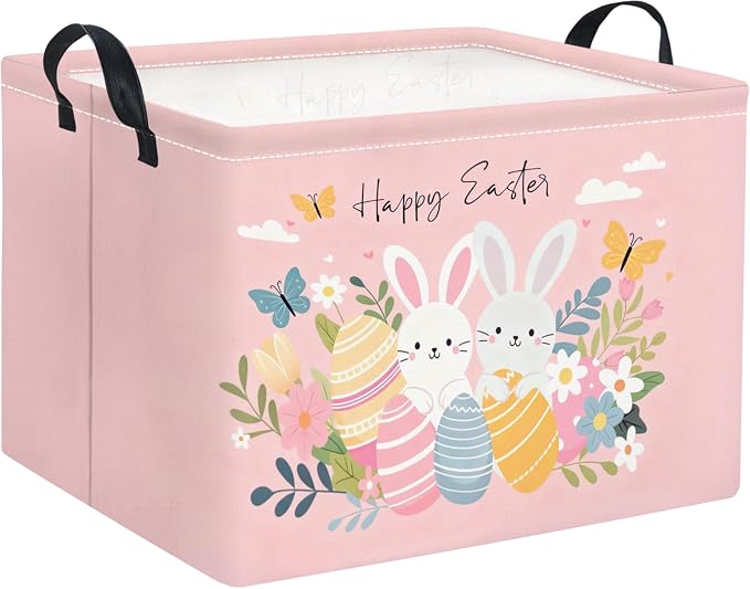 Rectangular Easter Basket for Home Kitchen Baby Girls Basket Cute Storage Bin Organizer Shelf Book Room Decor(Pink Easter)