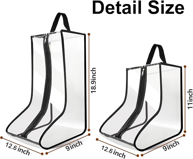 2Pack Boot Bags for Cowboy Boots Portable Tall Boot Storage Organizer Shoe Bags for Travel with Dust Covers (Clear Black)