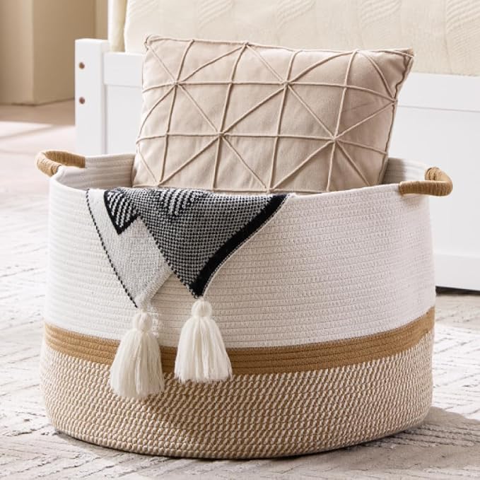 Luxury Little Extra Large Nursery Storage Basket, 20 x 20 x 13.8 inches - 100% Cotton Rope Baskets with Handles, Blanket Basket for Toys, Blankets & Pillows (Gradient Brown)