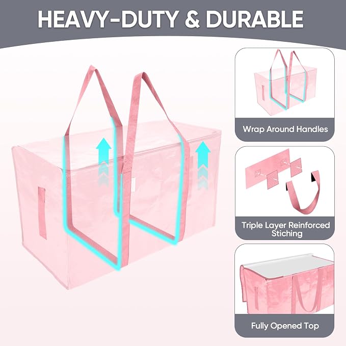 TICONN 8 Pack Extra Large Moving Bags Heavy Duty with Zippers & Carrying Handles, Durable Storage Bags Moving Boxes for Closet Organizers and Storage (8 Pack, Coral)