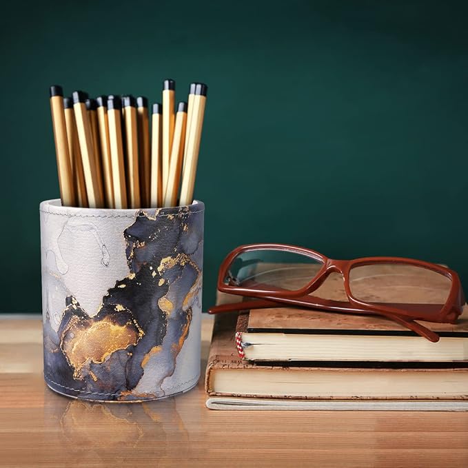 Large Capacity Colored Pen Holder for Desk, Leather Pencil Holder Pen Cup Marker Holder Makeup Brush Holders, Desk Accessories & Workspace Organizers for Home, Office, Gold Marble