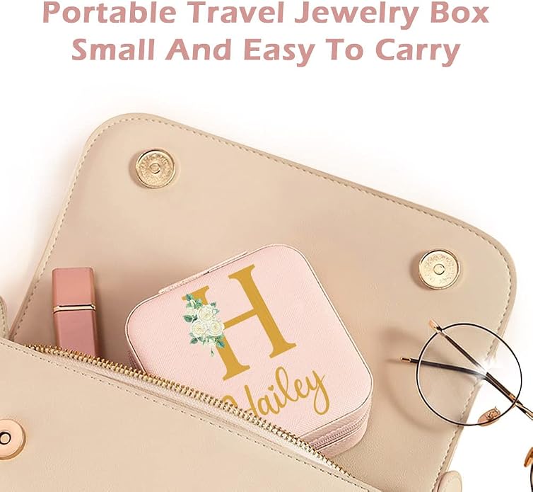 Bridesmaid Gifts Jewelry Box Personalized Small Jewelry Travel Case Custom PU Leather Portable Bridesmaid Proposal Boxes Mini Jewellery Organizer Storage Earrings Rings Necklaces for Women Girls-Pink