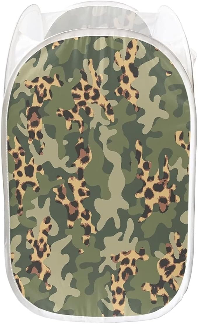 AFPANQZ Strong Mesh Pop-up Laundry Hampers Camouflage Leopard Design Laundry Baskets with Extra Pocket Easy to Open and Fold for Travel Save Place Bathroom Laundry Room 61L