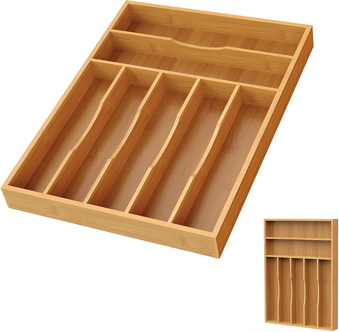 Bamboo Silverware Organizer, 12 Inch Bamboo Kitchen Drawer Cutlery Organizer, Utensil Holder, Flatware Organizer Tray (15.8"x11.9"x1.6")