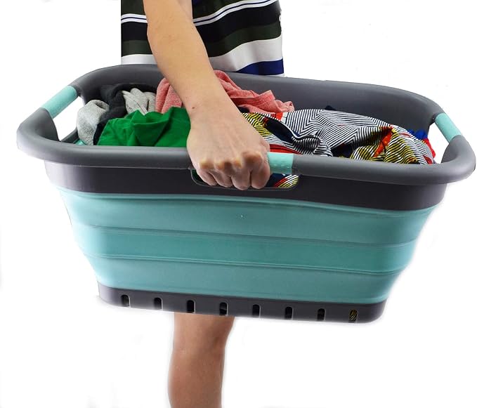 SAMMART 41L (10.8 Gallon) Collapsible Plastic Laundry Basket-Foldable Pop Up Storage Container/Organizer- Portable-Space Saving Hamper/Basket (3 handled rectangular, Medium Grey/Lake Green)