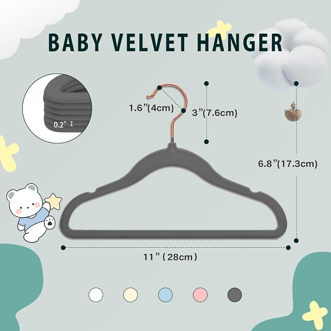 Baby Velvet Hangers Non-Slip Space Saving Swivel Hook 32 Pack Gray