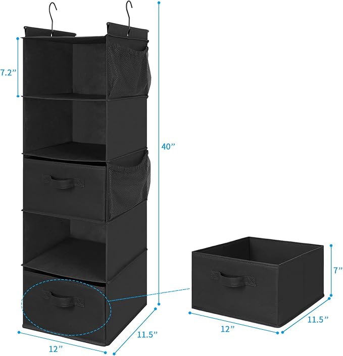 MAX Houser 5 Tier Shelf Hanging Closet Organizer, Cloth Hanging Shelf with 2 Sturdy Hooks for Storage, Foldable (Black-D2)