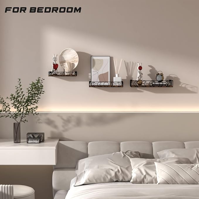 Moon Phase Wall Shelves Brown Black, 3 Pack Small Floating Book Plant Shelves for Bedroom Kid Room, Decorative Storage Display Shelf for Crystal Figurine Collectibles