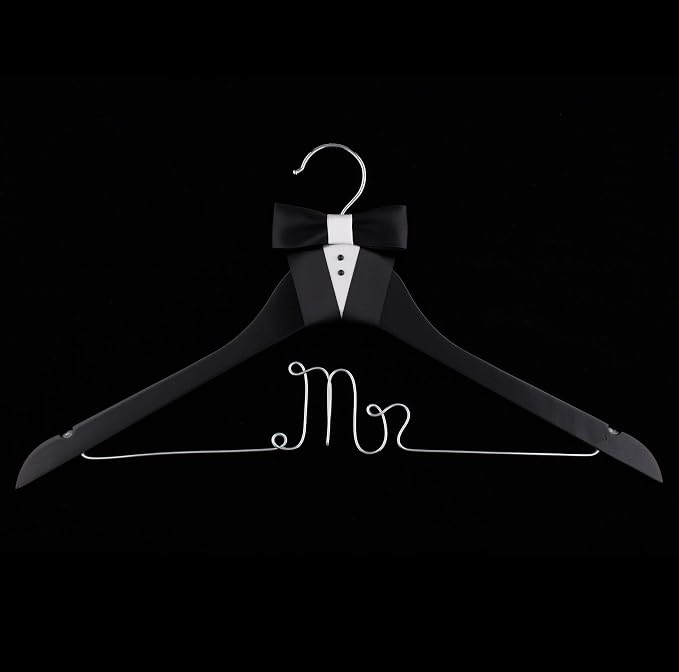 Ella Celebration Mr Wedding Groom Hanger Black Wooden and Silver Wire for Tuxedo or Suit, Hangers for Grooms and Weddings (Mr)