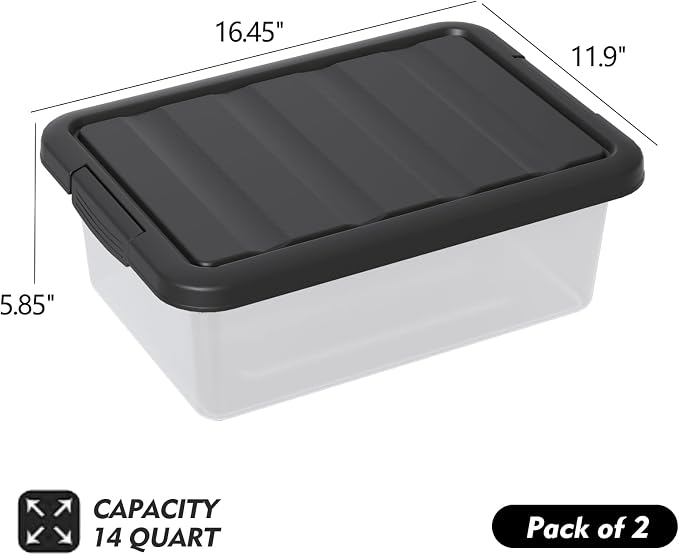 2-Pack 14 Quart Clear Plastic Latching Storage Box, Heavy-Duty Organizing Containers for Closet, Bedroom, Office