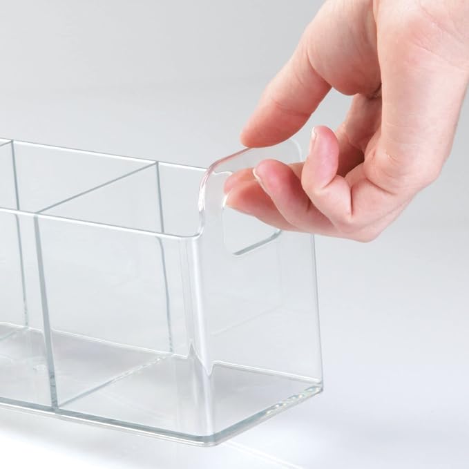 mDesign Plastic Condiment Organizer and Tea Bag Holder - 3-Compartment Kitchen Pantry/Countertop Storage Caddy - Divided Chip, Snack, Oatmeal Packet Holder - Lumiere Collection - 2 Pack, Clear