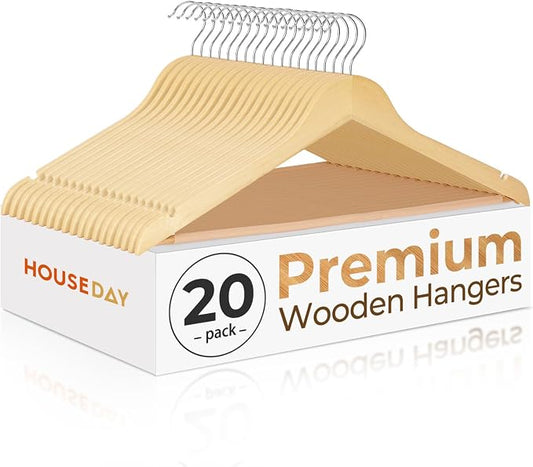 HOUSE DAY Premium Wooden Hangers 20 Pack - Heavy Duty & Durable Coat Hanger | Natural Wood Suit Hangers, 360° Swivel Hook & Pant Bar, Ideal for Jackets, Dresses, Shirts, Perfect for Closet Organization