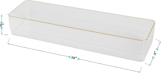 Martha Stewart Kerry Plastic Stackable Office Desk Drawer Organizers, 12" x 3", 6 Pack, with Gold Trim