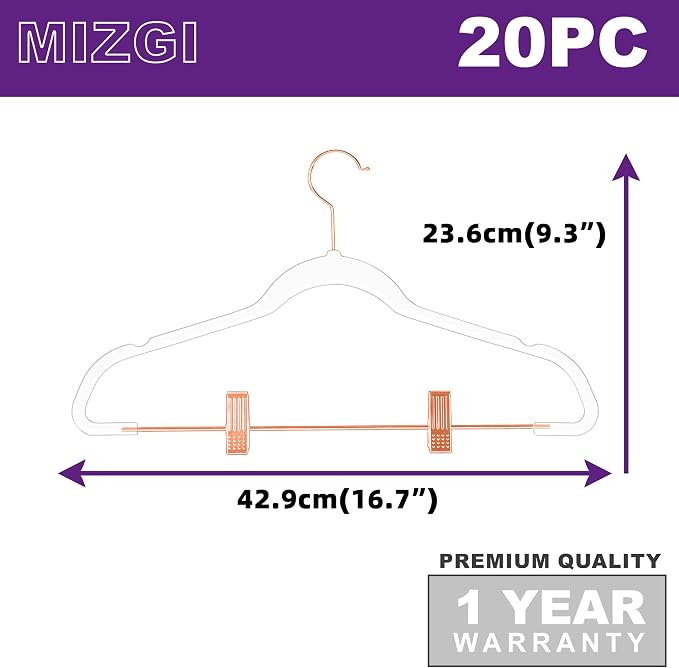 MIZGI Slim Clear Rosegold Pants & Skirt Hangers (20 Pack) – Adjustable Clips & Hooks, Transparent Non-Felt, Space-Saving for Dresses, Shirts, Blouses
