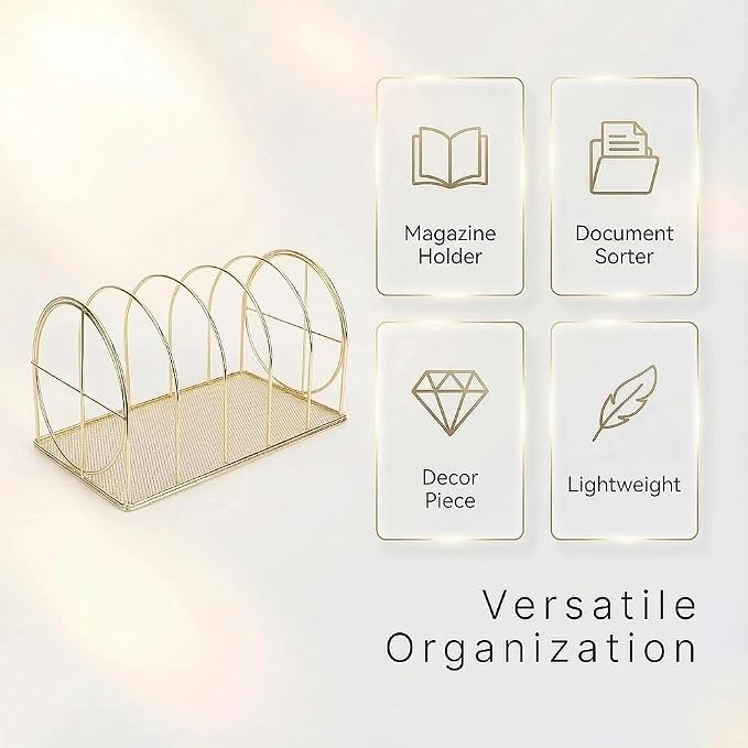 File Sorter Organizer, 5 Section Magazine Holder Rack, Desktop Round Wire Book Stand for Mail, Paper, Document, Folder, Record and Desk Accessories, Gold