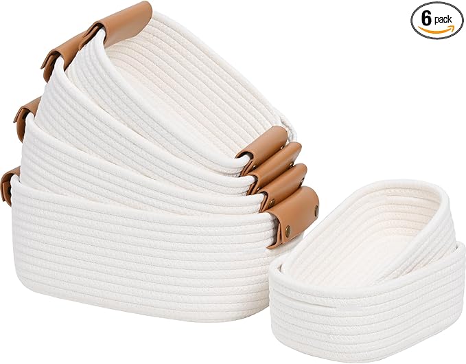 Storage Baskets for Organizing, Small Woven Basket Set of 6-4 Shelf Basket with Leather Handle and 2 Small Gift Baskets, Cotton Rope Basket for Shelves, Nursery, Dog Toy, Bathroom