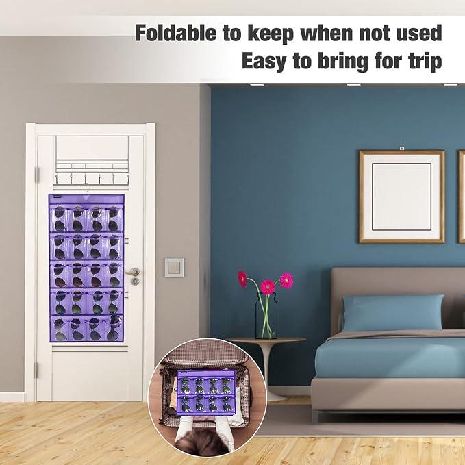 Dual Sided Hanging Sunglasses Organizer Storage Wall Mounted Eyeglasses Holder Eyewear Display Case with 40 Clear Slots (40 Pockets-Purple)