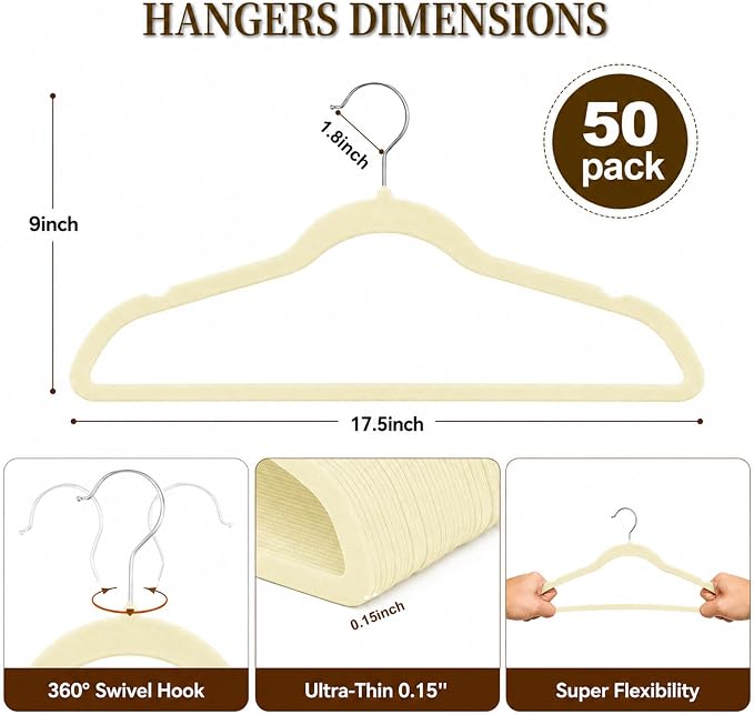 Velvet Hangers 50 Pack, Non Slip Clothes Hangers with Shoulder Notches, Slim Felt Hanger with 360° Swivel Hook, Space-Saving, Heavy Duty, for Coat, Shirt, Pants, Dress, Suits, Ivory