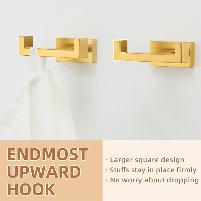 APLusee Double Bath Towel Hook 2 Pack, Solid Stainless Steel Square Dual Coat Holder, Modern Bathroom Kitchen Storage Hanger Wall Mounted, Brushed Dark Gold