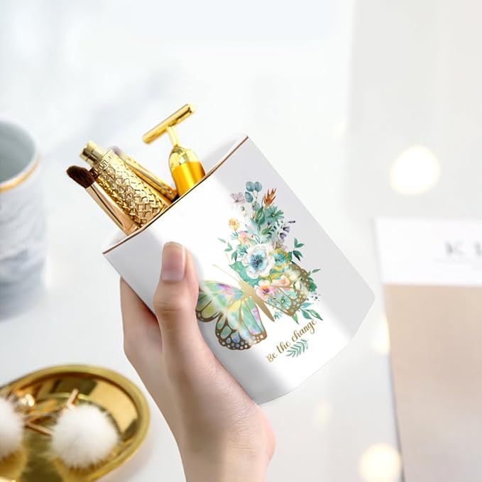 Pencil Pen Holder for Desk, Ceramic Cute Makeup Brush Holder, Desktop Supplies and Accessories for Women Students, Art Supply Caddy, Butterfly Pattern