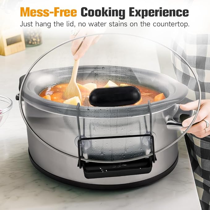 SOPHICO Crock Pot Lid Holder for Most Slow Cookers, Black, 2 Pack | Mess-Free & Hands-Free Pot Lid Organizer while Cooking, Keeps Countertop No Mess, Stainless Steel Rack with Silicone Sink