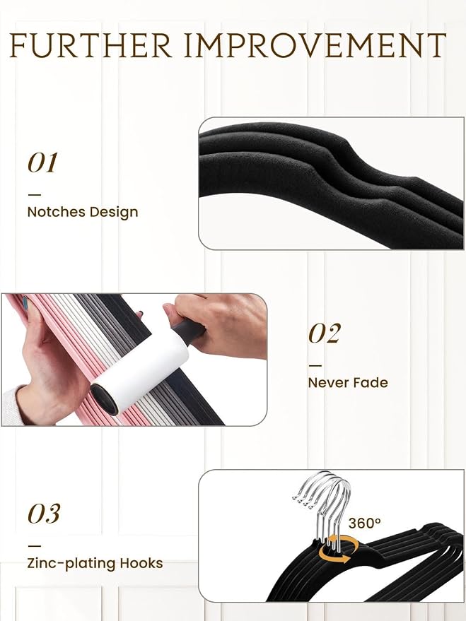Black Velvet Hangers 70 Pack, Non Slip Felt Slim Hangers for Space Saving | 360° Silver Hooks; Shoulder Notches; Heavy Duty for Coats, Suits, Dresses, Shirts, Jackets and Pants for Closet Organizer