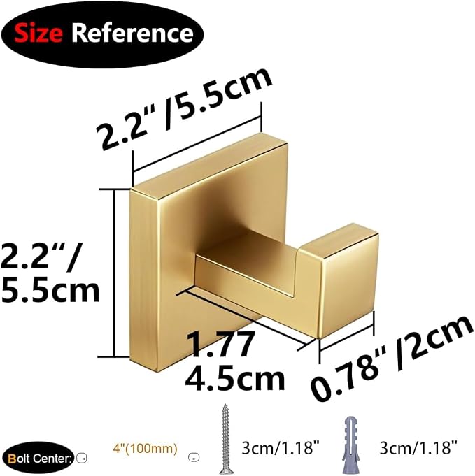 Nolimas Towel Hook Stainless Steel Bathroom Rustproof Clothes Towel Coat Hook Wall Mounted Square Toilet Kitchen, Heavy Duty Door Hanger, 1 Pack, Brushed Gold