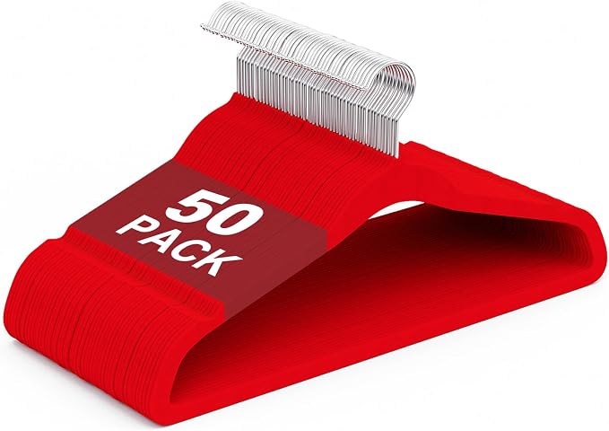 Velvet Hangers 50 Pack, Non Slip Clothes Hangers with Shoulder Notches, Slim Felt Hanger with 360° Swivel Hook, Space-Saving, Heavy Duty, for Coat, Shirt, Pants, Dress, Suits, Red