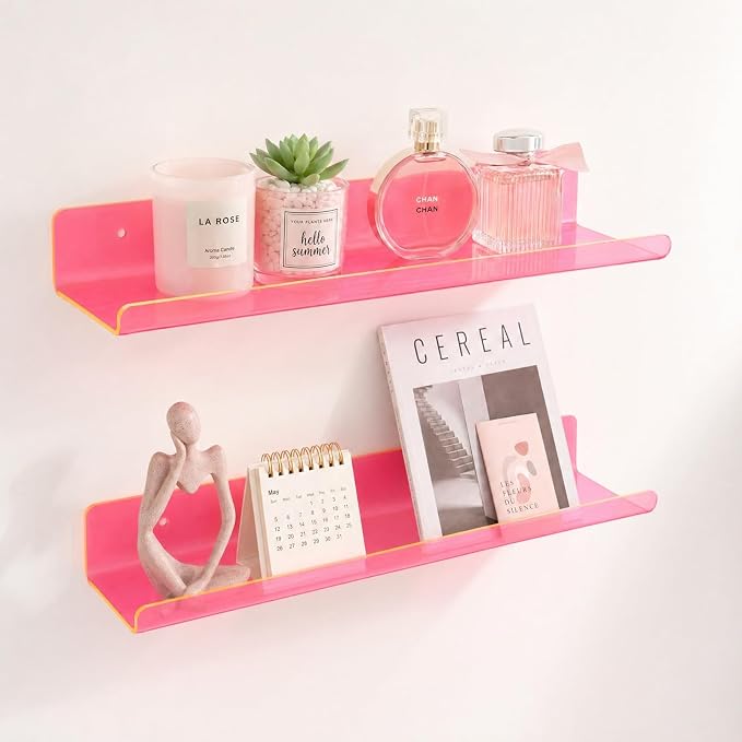 ROYALITA 2-Pack Acrylic Shelves Wall Mounted, 17 Inch Display Shelves | for Small Items Plants Organize Wall Shelves for Gaming Room, Bedroom, Living Room, Office, Pink