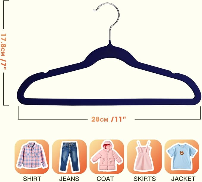 Toddler Hangers,50 Pack 11 Inch,Velvet Baby Hangers Slim & Space-Saving,Baby Clothes Hangers with 360 Swivel Hook,Heavy Duty Felt Hanger for Childrens Coats, Pants,and Dress (Dark Blue)