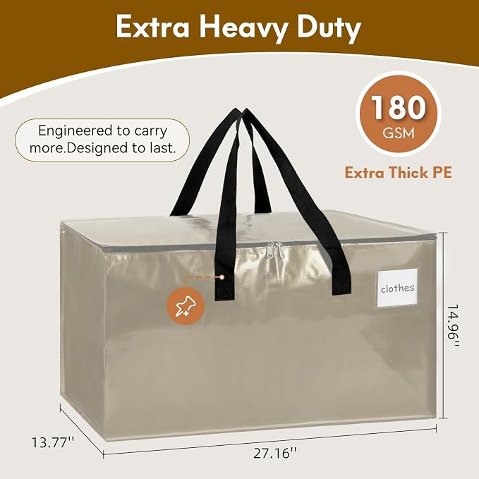 2-Pack Extra-Large Heavy-Duty Storage Totes with Reinforced Handles, Durable Zippers & Waterproof Material — Perfect for Space-Saving, Moving, Shipping and Travel (Smoked Gold)