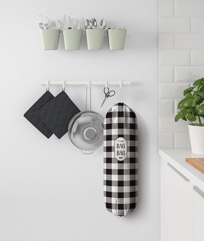 Grocery Bag Holder Black White Checked Plastic Bags Holder Organizer Storage Buffalo Plaid Bag Holder for Plastic Trash Bags Cute Farmhouse Kitchen Decor