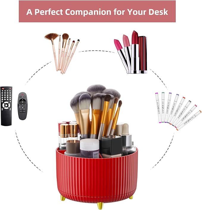 Marbrasse Desk Organizer, 360-Degree Rotating Pen Holder for Desk, Desk Organizers and Accessories with 5 Compartments Pencil Organizer, Art Supply Storage Box Caddy for Office, Home (Red)