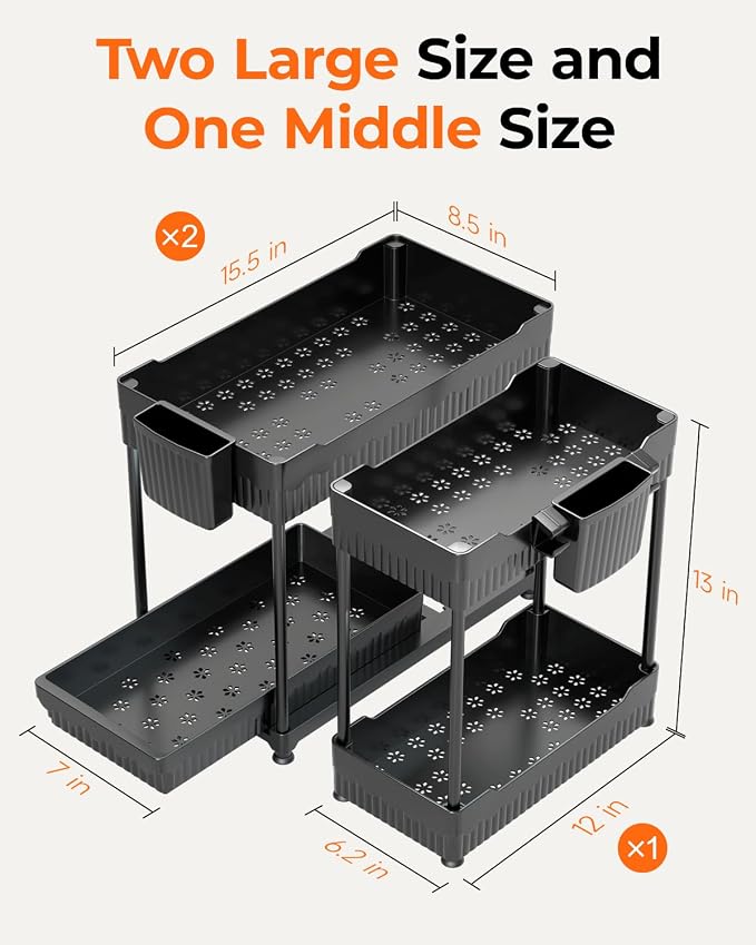 Sevenblue 3-Pack 2-Tier Under Sink Organizers with Sliding Drawers | Multi-use kitchen & bathroom storage, 12.8 inch black cabinet organizer, space-saving sliding drawer design.