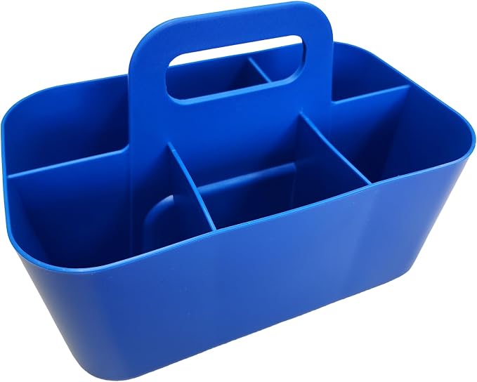 Small Stackable Plastic Caddy with Handle 6 Compartment | Desk, Makeup, Dorm Caddy, Classroom Art Organizers - 4 Pack, Made In USA (Blue)