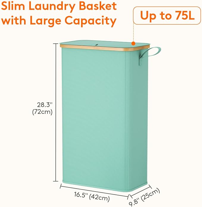 Lifewit 75L Slim Laundry Hamper with Lid, Narrow Laundry Basket with Removable Bag & Bamboo Handles, Fodable Thin Dirty Clothes Hamper for Laundry Collapsible Bin for Bathroom Bedroom Dorm, Sage Green