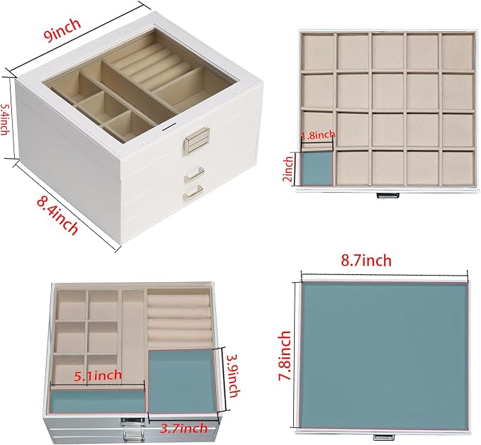 BOOVO Clear Lid Jewelry Box,3 Layers Jewelry Organizer Large Jewelry Storage Box with 2 Drawers,Jewelry Holder Organzier of Rings Earrings Necklace Bracelets for Women (White, 3 Layer)