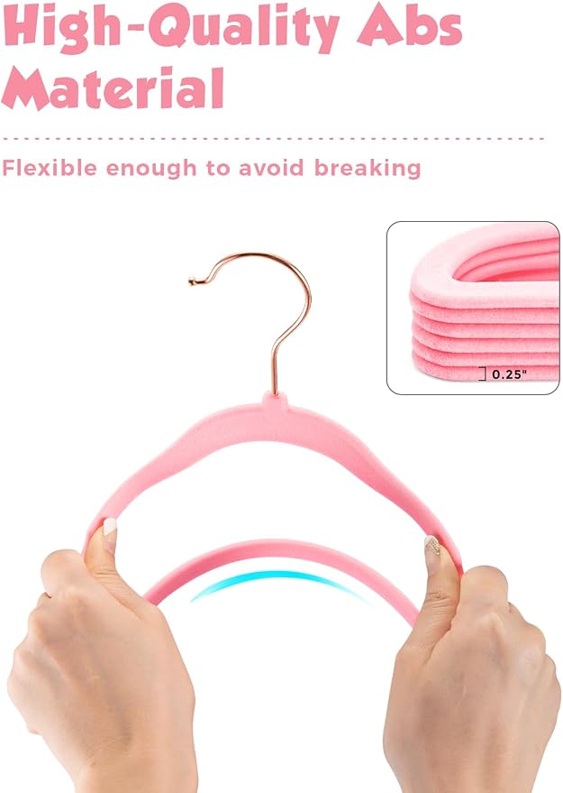 Smartor Kids Velvet Hangers 50 Pack, 14 Inch Premium Non Slip Kids Felt Hangers for Closet, Space Saving Toddler Clothes Hanger for Youth's Childrens' Clothes (Rose Gold Hook)- Pink