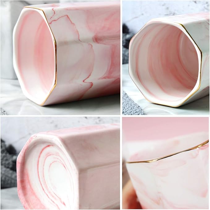 Pen Pencil Holder for Desk, Durable Ceramic Pens Organizer, Makeup Brush Holder, Table Decor and Desk Accessories, Perfect Office Home Organization for Women Girl, Teacher Supplies, Pink Marble