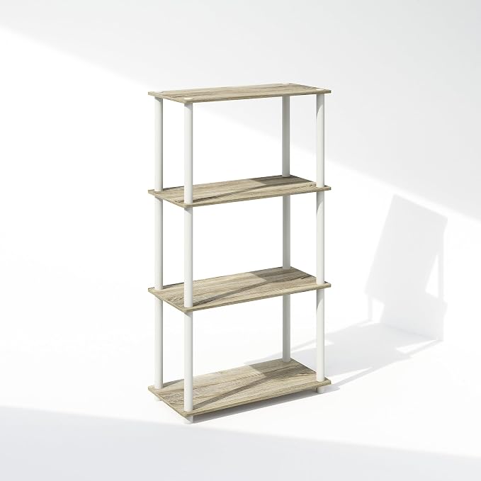 Furinno Turn-N-Tube Book Shelf, 4-Tier Bookshelf, Bookcase with Multipurpose Compact Display Rack, 11.6 x 23.6 x 43.2, for Living Room, Bedroom, Home Office, Sonoma Oak/White